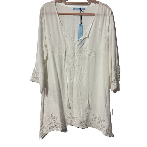 NWT Solitaire Swim White 3/4 Sleeve Lace Trim Cover Up Top Size Medium Embroider - Picture 1 of 6